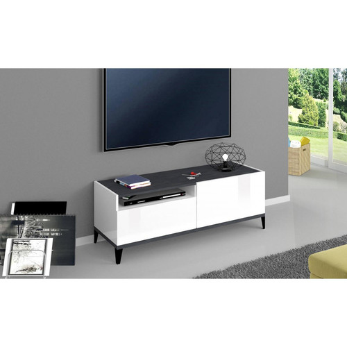 Alter - Meuble TV de salon, Made in Italy, Meuble TV avec 1 porte et 1 tiroir, Cm 120x40h47, Blanc brillant et Ardoise Alter   - Meuble TV Blanc Meubles TV, Hi-Fi