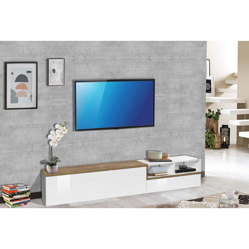 Alter - Meuble TV de salon, Made in Italy, Meuble TV avec 2 portes et étagères, 240x40h50 cm, Couleur blanc brillant et Érable - Bonnes affaires Meuble TV Blanc