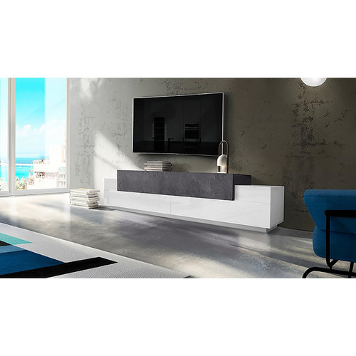 Alter - Meuble TV de salon, Made in Italy, Meuble TV avec 3 portes et étagères, 240x45h52 cm, couleur Blanc Brillant et Gris Frêne Alter  - Salon, salle à manger