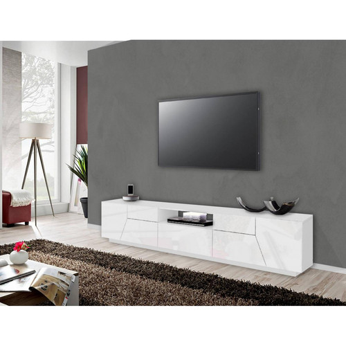 Alter - Meuble TV de salon, Made in Italy, meuble TV avec 4 portes géométriques et 1 tiroir, Cm 220x43h46, Blanc brillant Alter  - Made in meuble