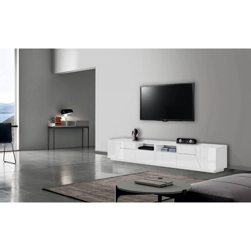 Alter - Meuble TV de salon, Made in Italy, meuble TV avec 4 portes géométriques et 2 tiroirs, Cm 260x43h46, Blanc brillant Alter   - Meuble TV Blanc Meubles TV, Hi-Fi