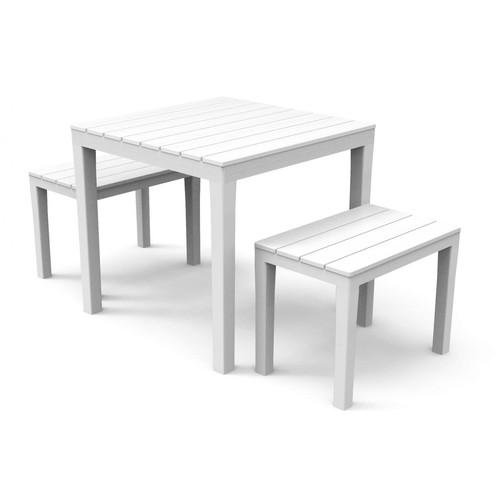 Séjours complets Alter Set d'extérieur avec 1 table carrée 2 bancs, Made in Italy, couleur blanche