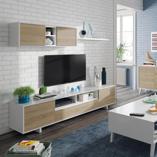 Alter Système mural de salon, meuble TV moderne en chêne, avec élément mural 2 portes et étagère, 200 x 46 x 41 cm, coloris chêne et blanc