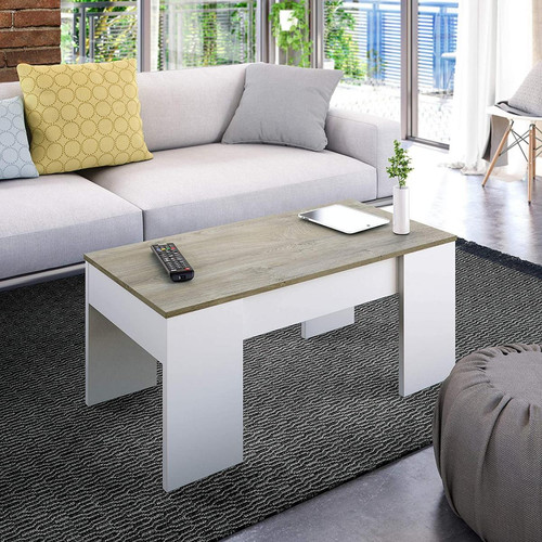 Alter - Table basse avec plateau relevable et espace de rangement, blanc avec plateau coloris chêne, 100 x 45 x 50 cm (hauteur réglable de 45 à 56 cm). - Porte-revues