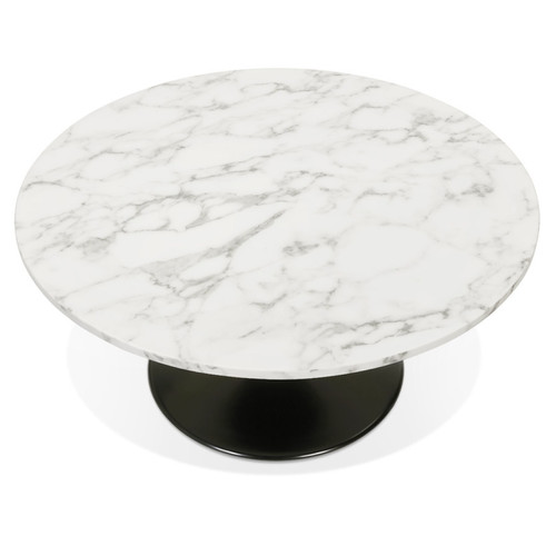 Alterego Table basse de salon 'URSUS MINI' en pierre blanche effet marbre avec un pied central noir