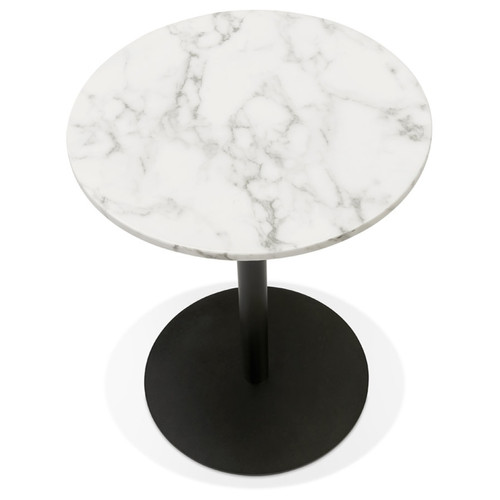 Tables à manger Petite table bistrot ronde 'TOMY' en pierre blanche effet marbre et métal noir - Ø 60 cm