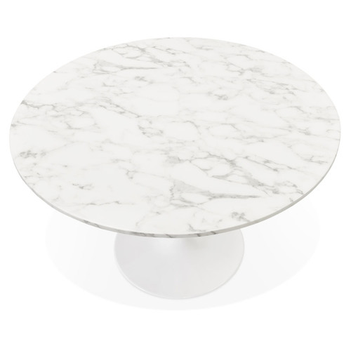 Tables à manger Table à dîner ronde 'WITNEY' en pierre blanche effet marbre et métal blanc - Ø 120 cm