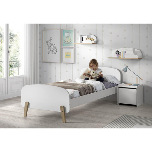 Altobuy - BODHI WHITE - Lit 90x200cm + Chevet + 2 Etagères Murales - Lit enfant Scandinave