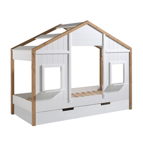 Altobuy - PONGO - Lit Maison 90x200cm Blanc et Pin à 2 Fenêtres + Tiroir - Lit enfant