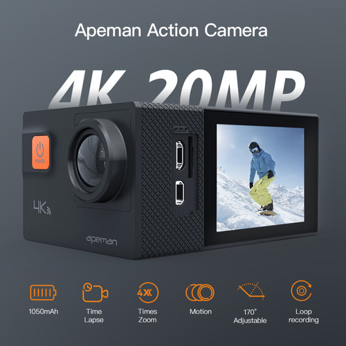 Apeman APEMAN Caméra Sport A80, UHD 4K WiFi 20MP Caméra Sous-marine Numérique Étanche 40M Caméra Casque (Gratuit
Sac de Transport, 2x1050mAh Batteries Améliorées)