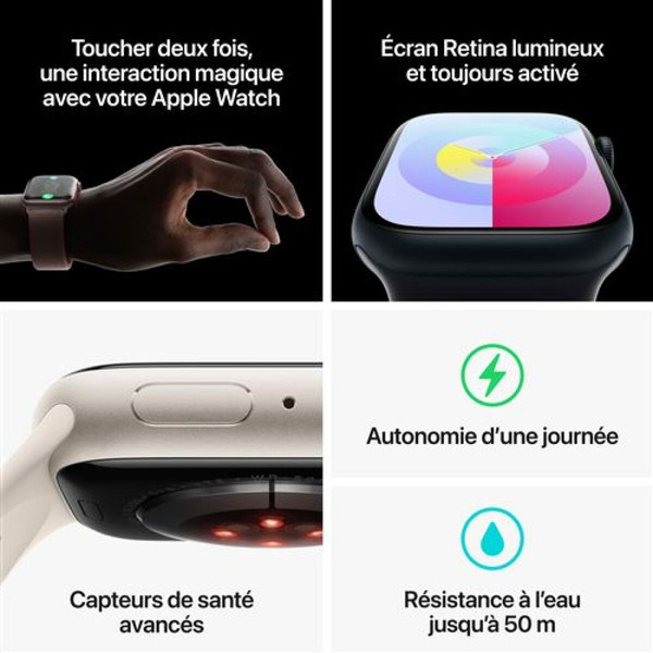 Apple Watch Apple Apple Watch Series 9 GPS + Cellular 41 mm avec boîtier en aluminium minuit et bracelet sport minuit S/M