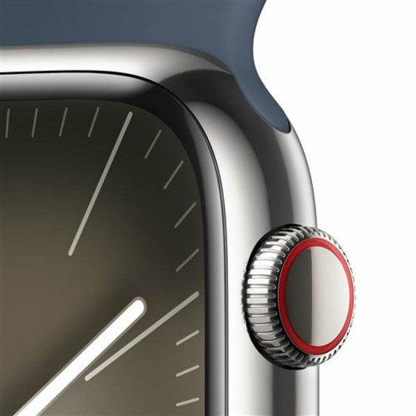 Apple Apple Watch Series 9 GPS + Cellular de 45 mm, boîtier en acier inoxydable argenté, bracelet sport Bleu tempête S/M