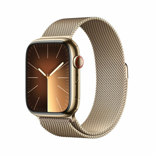 Apple Watch Apple Apple Watch Series 9 GPS + Cellular, boîtier en acier inoxydable doré de 45 mm, bracelet Milanais doré