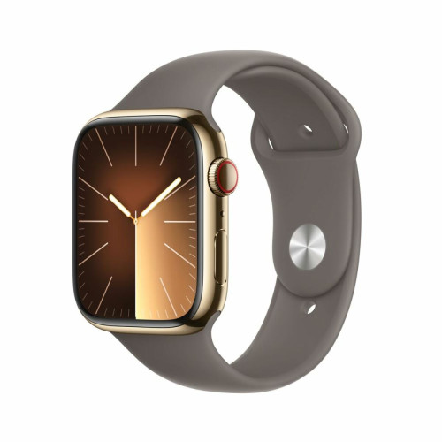 Apple - Apple Watch Series 9 GPS + Cellular, boîtier en acier inoxydable doré de 45 mm, bracelet sport Clay M/L Apple  - Apple Watch Gps + cellular