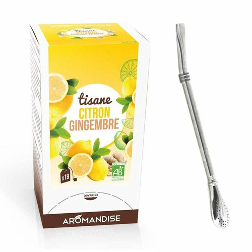 Aromandise Tisane gingembre et citron bio 20 sachets + paille inox avec filtre