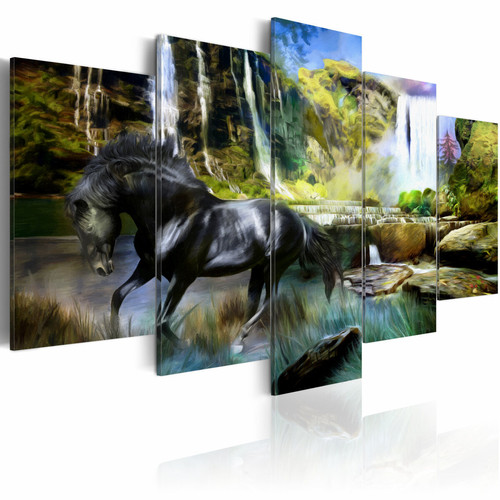 Artgeist - Tableau - Cheval noir sur fond de Cascade Paradis [200x100] Artgeist  - Fond noir