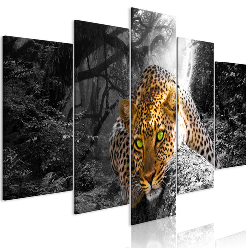 Artgeist - Tableau - Leopard Lying (5 Parts) Wide Grey [225x112.5] Artgeist  - Décoration