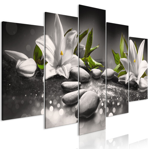 Artgeist - Tableau - Lilies and Stones (5 Parts) Wide Grey [100x50] Artgeist  - Décoration