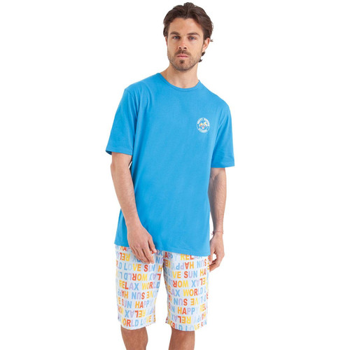 Athéna - Pyjama court Happy Summer bleu en coton pour homme  - Pyjama homme