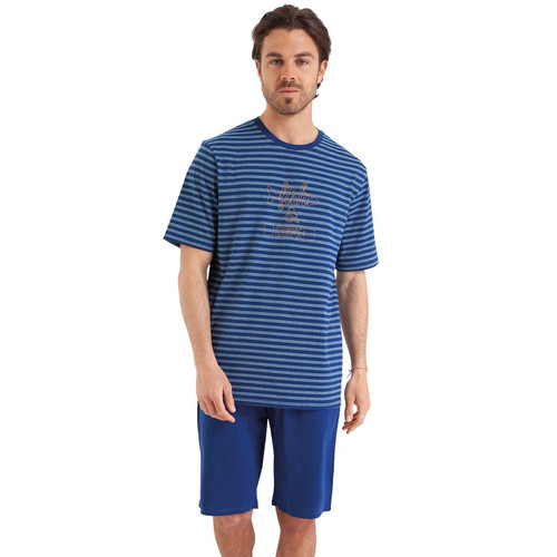 Athéna - Pyjama court Rayures Fish & Chips bleu en coton pour homme  - Maillot de corps  homme