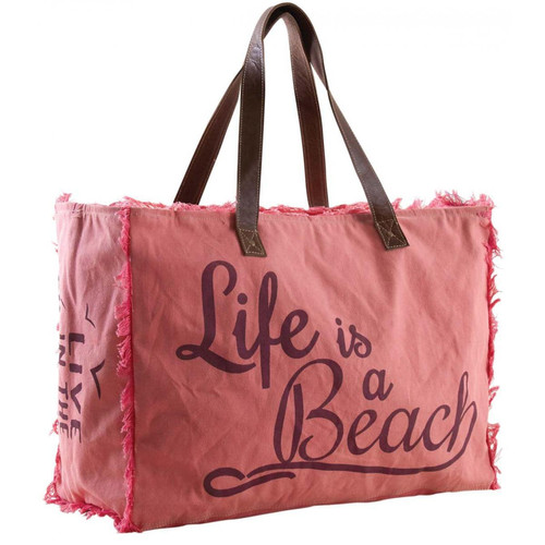 Aubry Gaspard - Sac en coton décor Life is a beach rose. Aubry Gaspard   - Corbeille, panier Rose fuschia