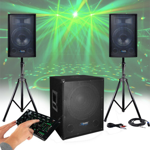 Audio club - Pack SONO DJ CLUB1512 - 2200W, Enceintes + Caisson/SUB 38cm + Pieds - USB/BLUETOOTH, CABLES, TABLE DE MIXAGE PRONOMIC 4 Canaux Audio club  - Equipement DJ