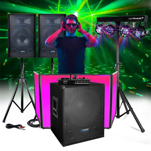 Audio club - PACK SONO 2200W - CLUB1512 Enceintes + SUB 38cm + Pieds, TABLE DE MIXAGE, USB/BLUETOOTH, Stand Lycra, Câblages, DJ Animations Audio club  - Pack sono dj