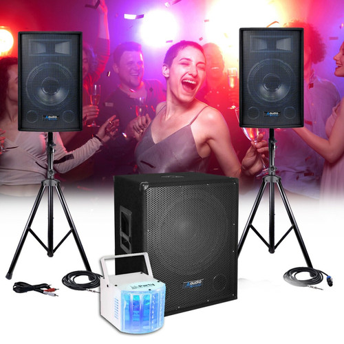 Audio club - PACK DJ Animation 2200W - CLUB1512 Enceintes + Caisson/SUB 38cm + Pieds - USB/BLUETOOTH, Jeu de Lumière DERBY LED, Câblages, DJ Audio club  - Dj jeux