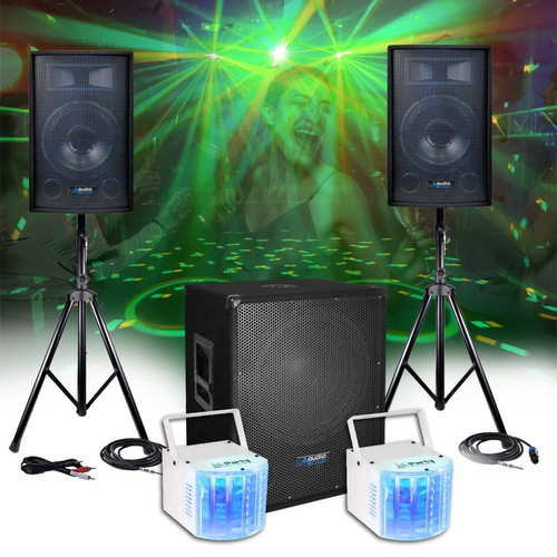 Packs DJ Audio club PACK SONO DJ 2200W - CLUB1512 Enceintes + Caisson/SUB 38cm + Pieds - USB/BLUETOOTH, Jeux de Lumières DERBY LED, Câblages, DJ
