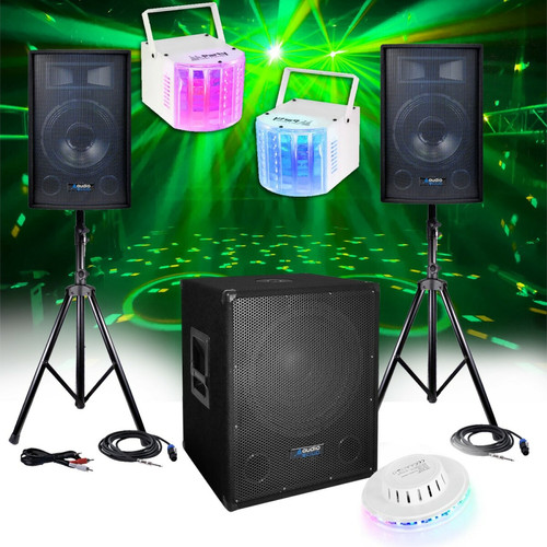 Audio club - PACK DJ 2200W - CLUB1512 Enceintes + Subwoofer  38cm + Pieds, USB/BLUETOOTH, Eclairage Lumières LED, Câblages, Animation fête Audio club - Audio club