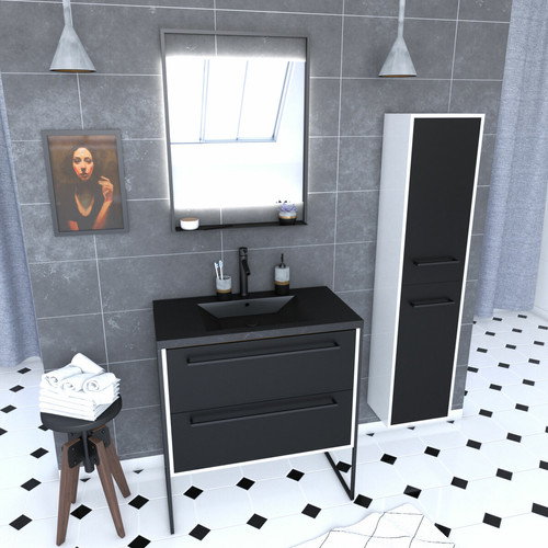 Aurlane - Ensemble meuble salle de bain 80 cm avec colonne Aurlane  - Salle bain noir blanc