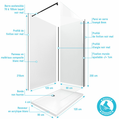 Cabine de douche Kit panneaux aluminium et profile et receveur et paroi et barre