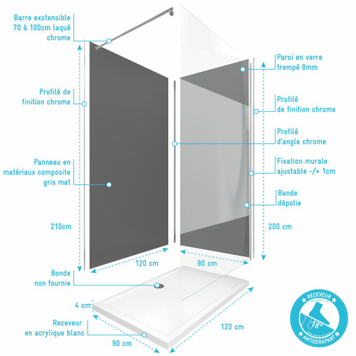 Cabine de douche Kit panneaux aluminium et profile et receveur et paroi et barre