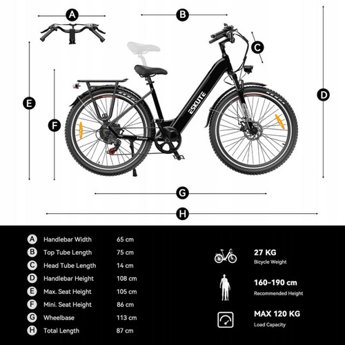 Vélo électrique ESKUTE 28 Pouces-Vélo électrique-BAFANG 36V 250W-Batterie 36V14.5AH-SHIMANO 7-Autonomie 100KM-Kenda tyre 28*1.75