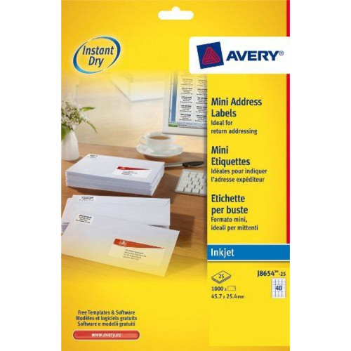 Avery - AVERY - J8654-25 - 1000 étiquettes adhésives mini blanches personnalisables. 45,7x25,4mm. Impression jet d'encre Avery  - Avery