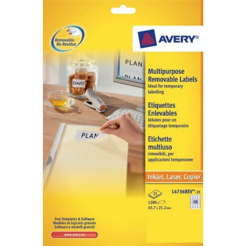 Avery - Avery Réf L4736REV-25 Lot de 1200 étiquettes repositionnables Laser 48 par feuille Blanc 47,5 x 21,2 mm Avery  - Avery