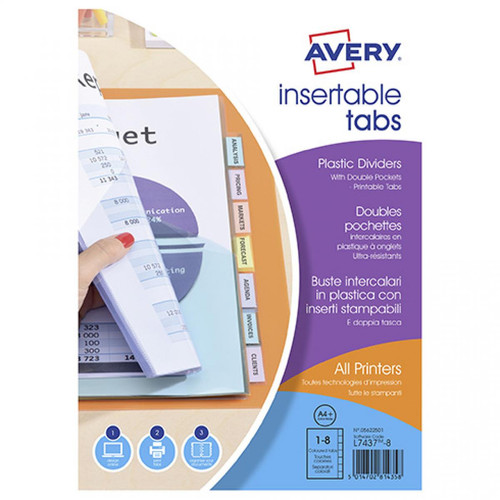 Avery - Intercalaire pochette neutre multicolore A4 Avery plastique 8 onglets - 1 jeu - Accessoires Bureau