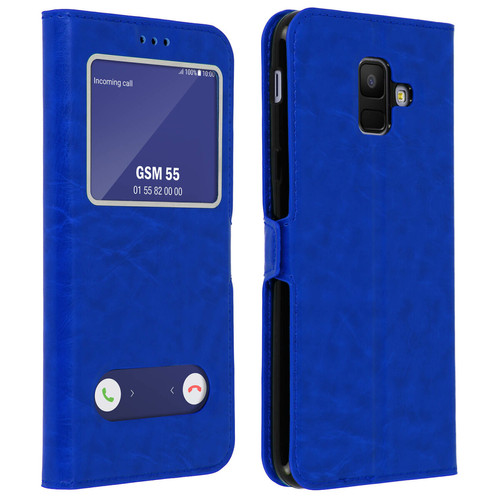 Avizar - Housse Samsung Galaxy A6 Etui Clapet 2x Fenêtre Coque Silicone Gel - Bleu Avizar - Marchand Destock access