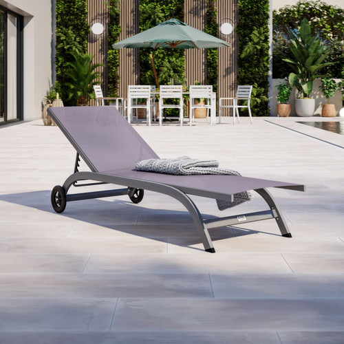 Avril Paris - Bain de soleil / transat de jardin inclinable 5 positions aluminium avec roulettes - Gris Anthracite - POL - Transats, chaises longues