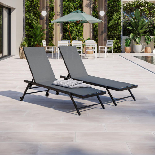 Avril Paris - Lot de 2 bains de soleil / transat aluminium inclinable avec roulettes - Noir Gris - ALIA - Transats, chaises longues