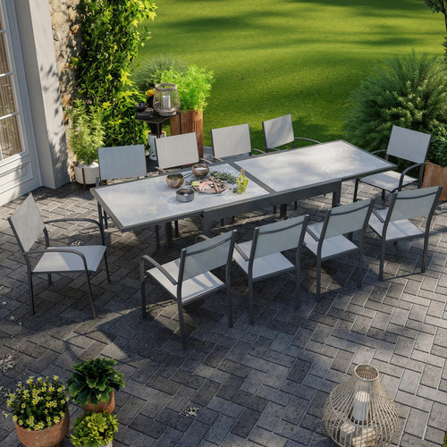 Avril Paris - Table de jardin extensible aluminium 270cm + 10 fauteuils empilables textilène anthracite gris - LIO 10 - Soldes Jardin