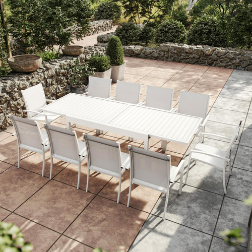 Avril Paris - Table de jardin extensible aluminium 270cm + 10 fauteuils empilables textilène - blanc - ANDRA - Avril Paris