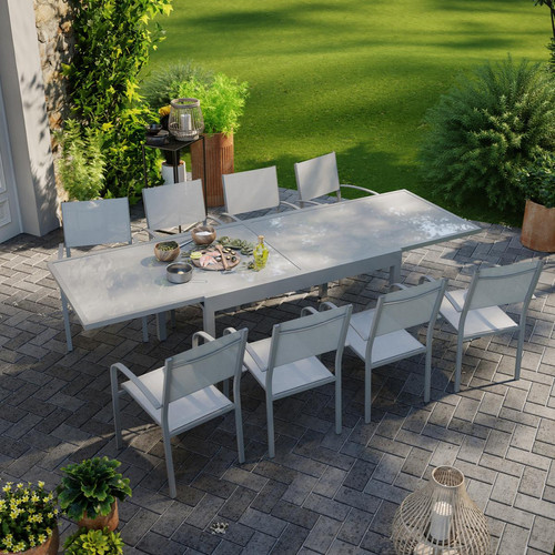 Avril Paris - Table de jardin extensible aluminium 270cm + 8 fauteuils empilables textilène gris - LIO 8 - Avril Paris