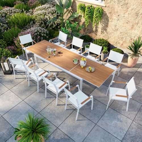 Avril Paris - Table de jardin extensible aluminium blanche 200/300cm + 10 fauteuils empilables textilène - MARCEAU - Avril Paris