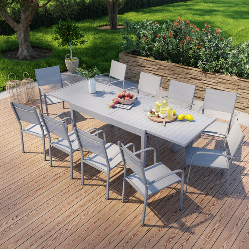 Avril Paris - Table de jardin extensible en aluminium 270cm + 10 fauteuils empilables textilène gris - MILO 10 - Ensembles canapés et fauteuils 10 places