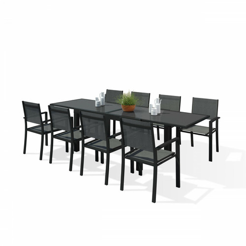Ensembles canapés et fauteuils Table de jardin extensible aluminium 140/280cm + 8 fauteuils textilène Noir - HARA XL