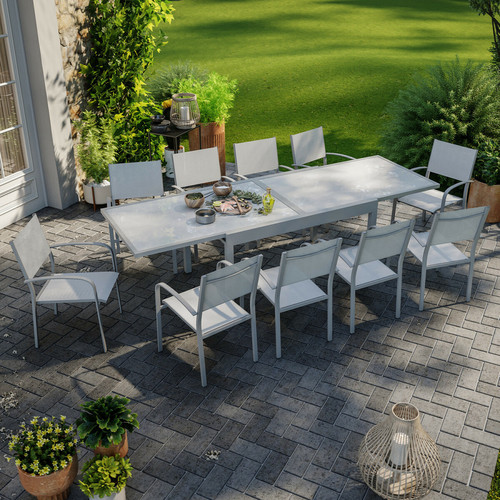 Avril Paris - Table de jardin extensible aluminium 270cm + 10 fauteuils empilables textilène gris - LIO 10 - Mobilier de jardin Avril Paris