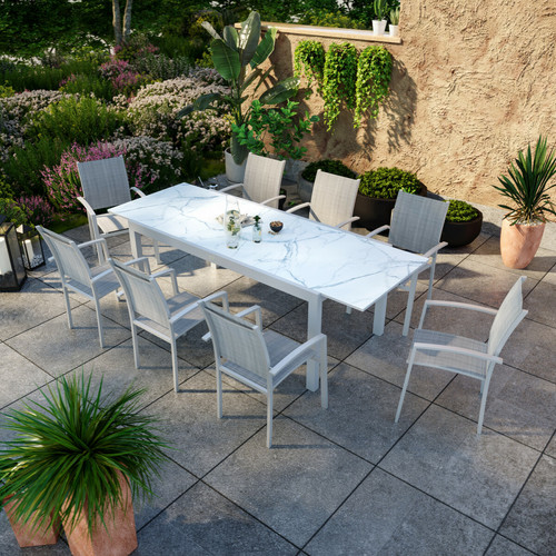 Ensembles canapés et fauteuils Avril Paris Table de jardin extensible aluminium blanc effet marbre 180/240cm + 8 fauteuils empilables textilène - ANIA