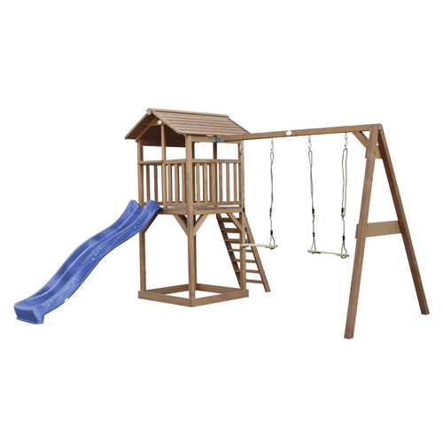 Axi Aire de jeux en bois marron avec 2 balançoires et toboggan bleu Beach Tower Axi