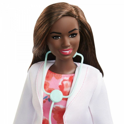 Barbie Barbie Métiers poupée docteure brune en robe à fleurs avec blouse blanche et stéthoscope, jouet pour enfant, GYT29